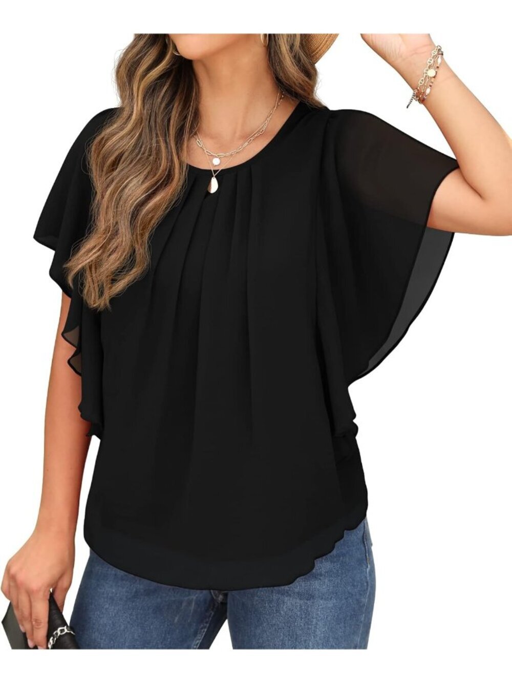 Women's Summer Casual Blouses Black Loose Round Neck Chiffon Flowy Tops